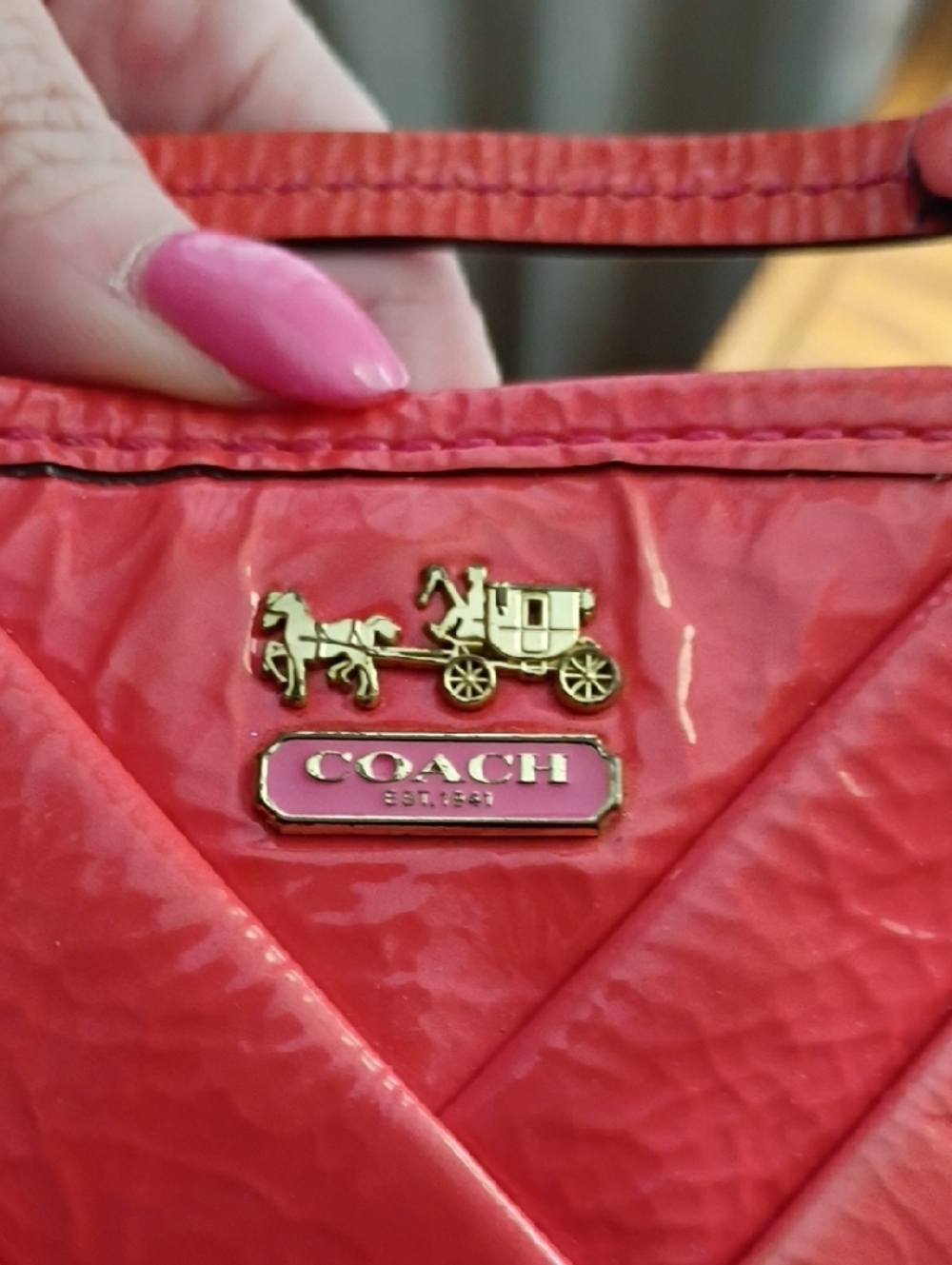 Coach Quilted Patent Leather Wristlet - Coral Pink - Picture 4 of 5